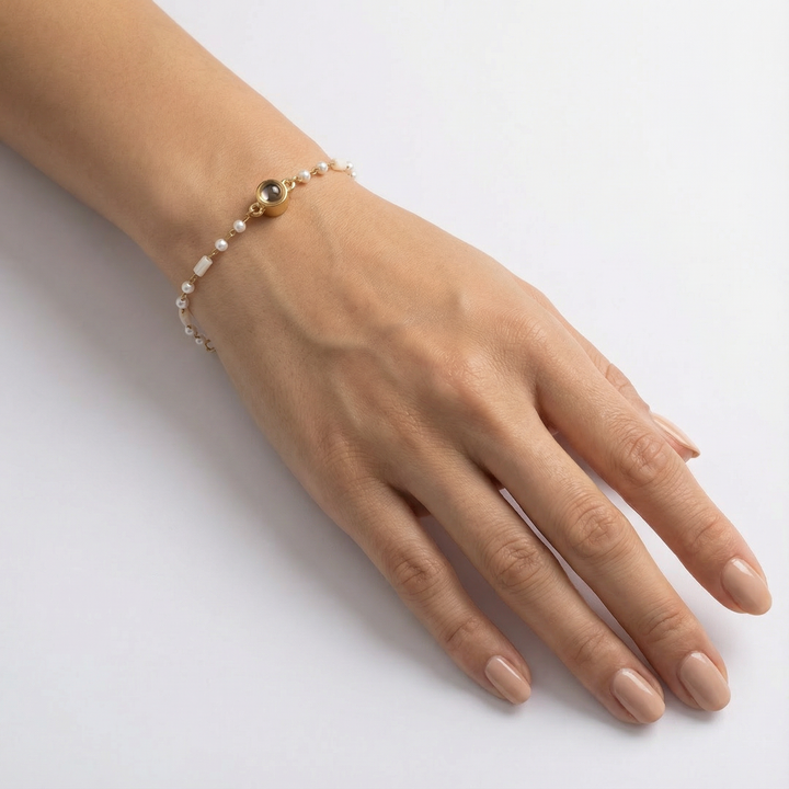 Fotoğraflı Kişiye Özel İnci Detaylı Bileklik