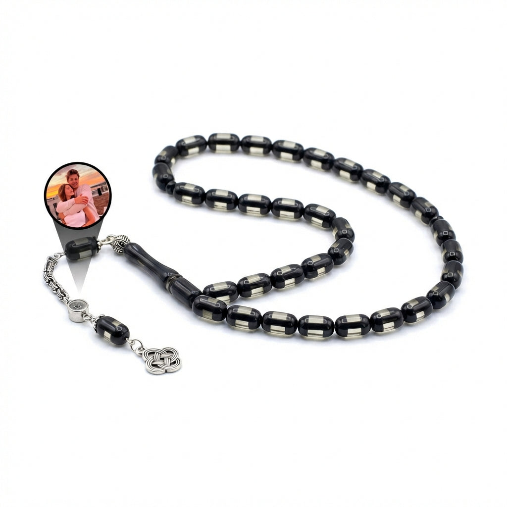 Kişiye Özel Fotoğraflı Siyah Kehribar Tesbih