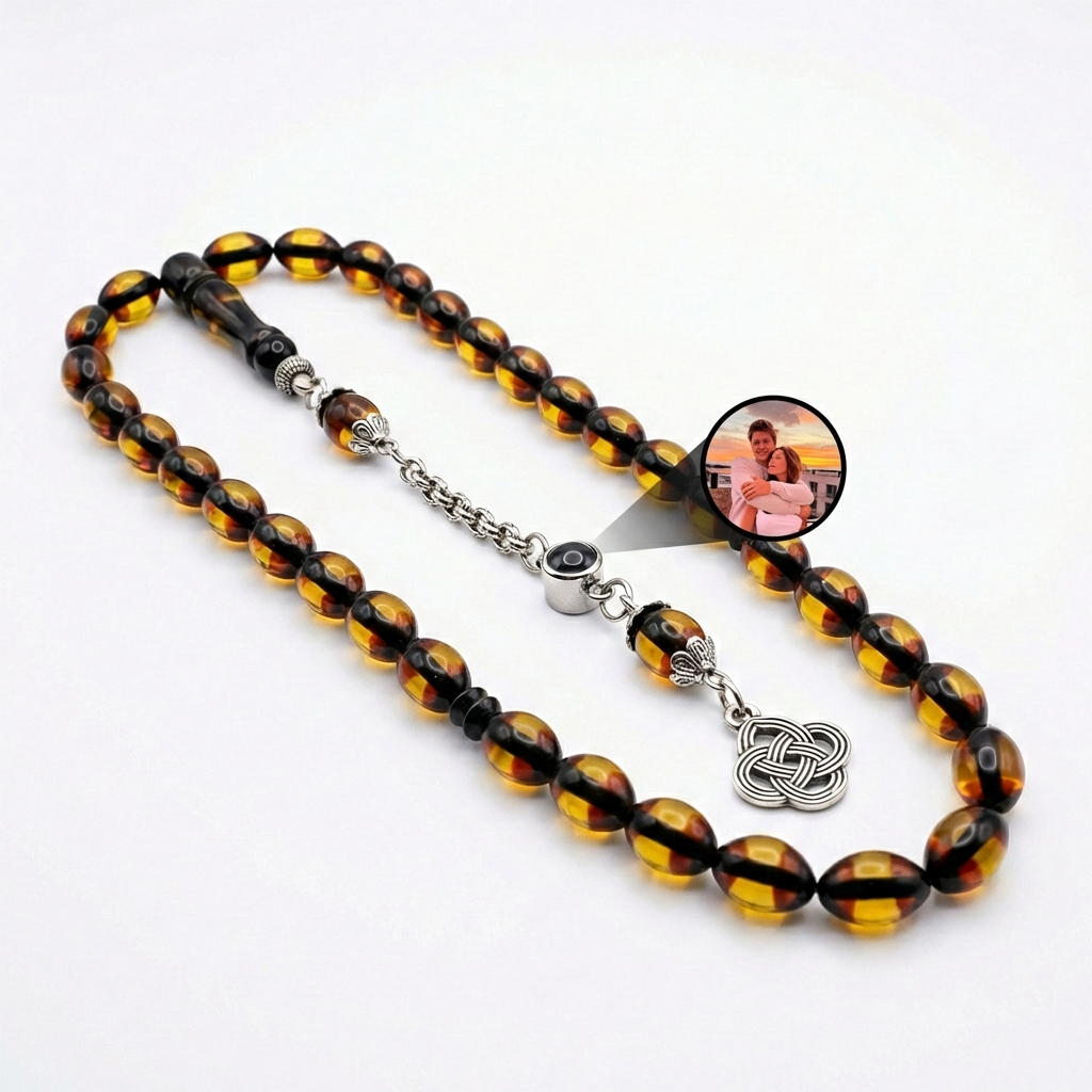 Kişiye Özel Fotoğraflı Bal Rengi Kehribar Tesbih