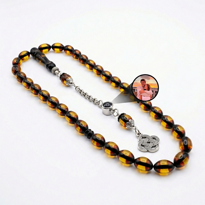 Kişiye Özel Fotoğraflı Bal Rengi Kehribar Tesbih